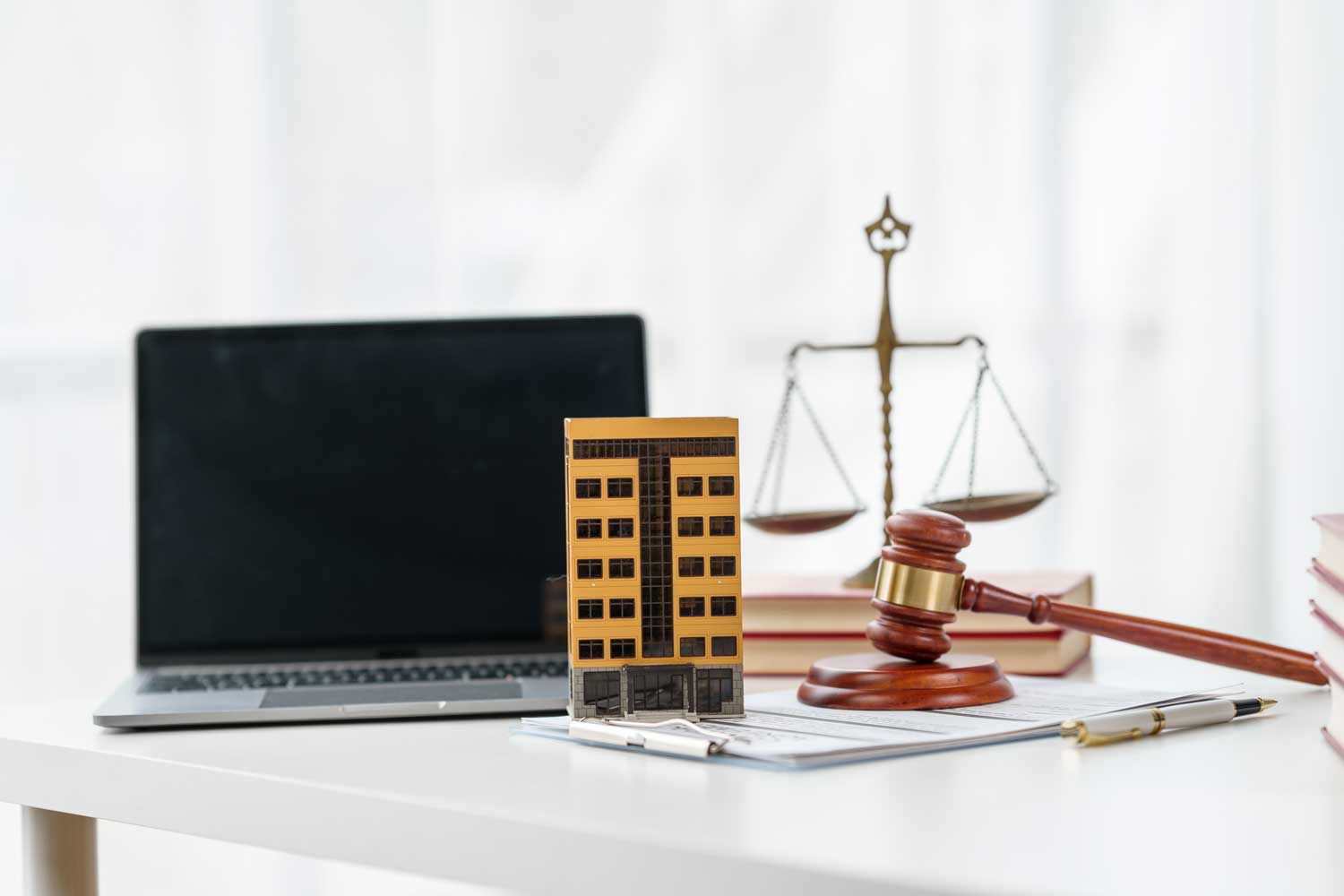 Legal scales, gavel, and law books with a commercial building model on SKB Law Firm's table, indicating corporate law services.